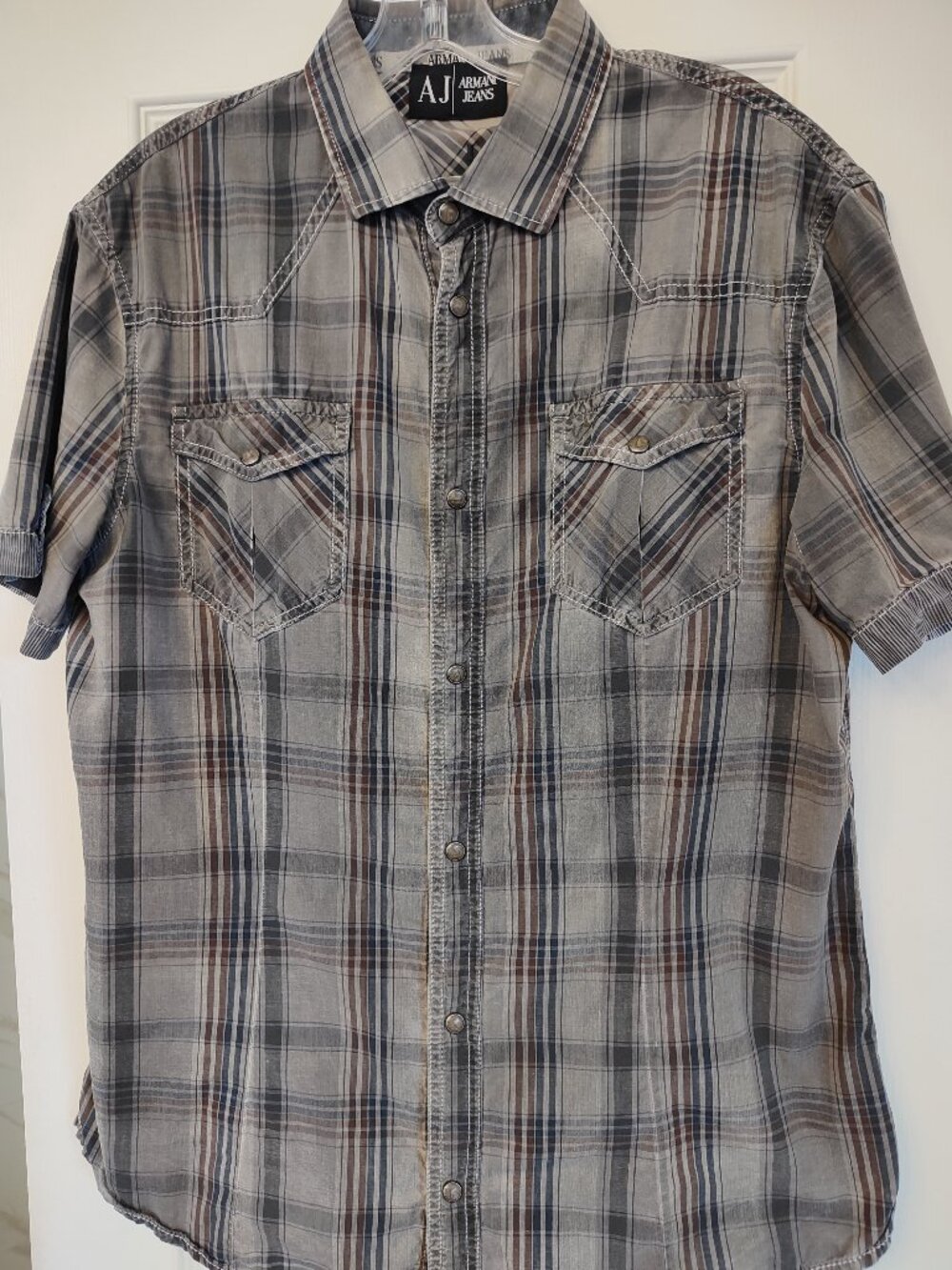 AJ ARMANI JEANS Pearl Snap Vintage Western-Style Reversible Short Sleeve Shirt